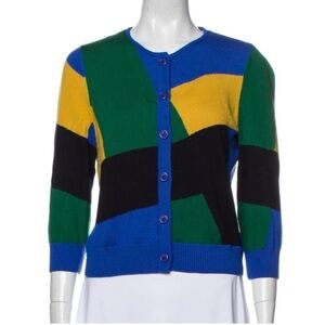 St. John Blue Color Block Abstract 100% Wool Button Front Cardigan